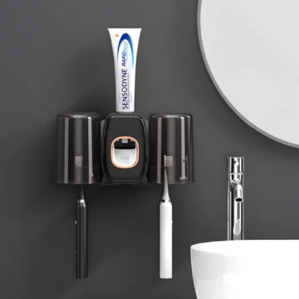 porte-brosse à dents distributeur de dentifrice automatique mural 3en1 noir