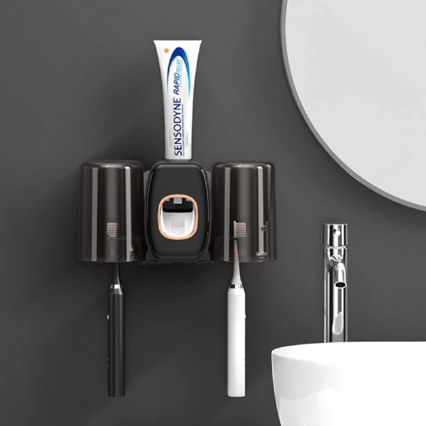 porte-brosse à dents distributeur de dentifrice automatique mural 3en1 noir