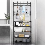 porte-manteau vestiaire d'entrée multifonctionnel avec étagère à chaussures en métal noir