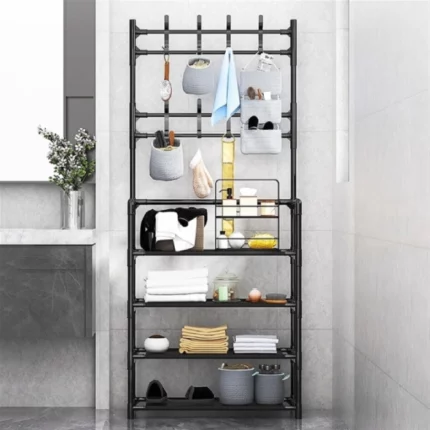 porte-manteau vestiaire d'entrée multifonctionnel avec étagère à chaussures en métal noir