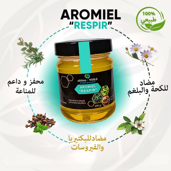aromiel respir miel complément alimentaire naturel pour apaiser et soulager la sinusite, la bronchite et renforcer le système immunitaire 250g عسل طبيعي مضاد للكحة والبلغم لتهدئة وتخفيف إلتهاب الجيوب الأنفية والشعب الهوائية وتقوية جهاز المناعة