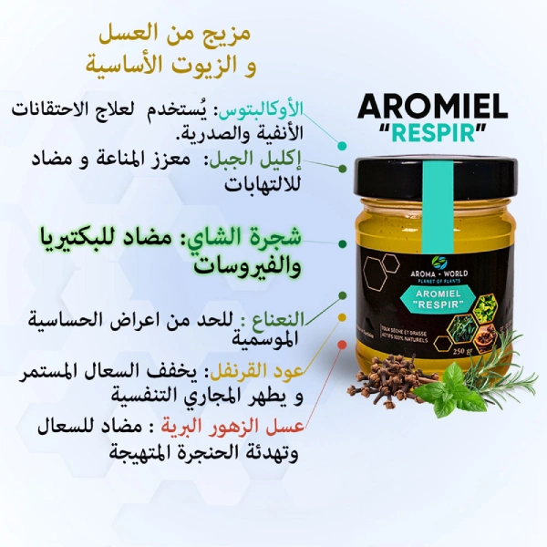aromiel respir miel complément alimentaire naturel pour apaiser et soulager la sinusite, la bronchite et renforcer le système immunitaire 250g عسل طبيعي مضاد للكحة والبلغم لتهدئة وتخفيف إلتهاب الجيوب الأنفية والشعب الهوائية وتقوية جهاز المناعة