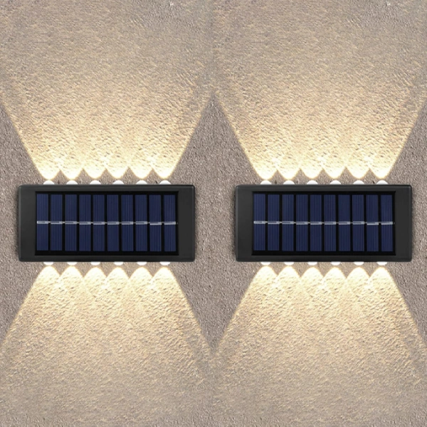 lot de 2 appliques murales solaires 12 led éclairage double haut-bas avec détecteur de mouvement