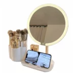 miroir de maquillage led multifonction 3en1 avec boite de rangement organisateur maquillage rotative et support de téléphone portable smartphone