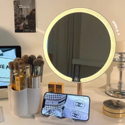 miroir de maquillage led multifonction 3en1 avec boite de rangement organisateur maquillage rotative et support de téléphone portable smartphone