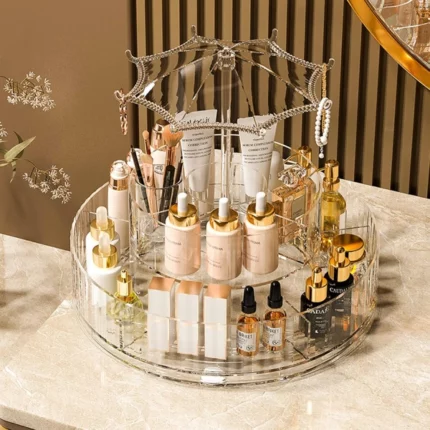 organisateur de maquillage rotatif 360° en acrylique transparent à 2 compartiments