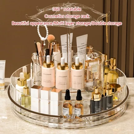 organisateur de maquillage rotatif 360° en acrylique transparent à 2 compartiments