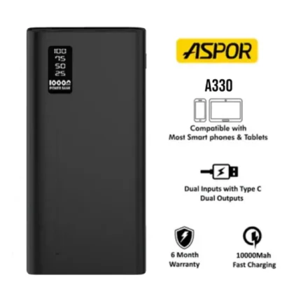 power bank aspor a330 10000 mah charge rapide 12w noir