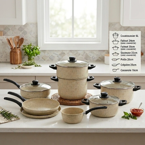 batterie de cuisine 12 pièces granit aluminium forgé cookart beige