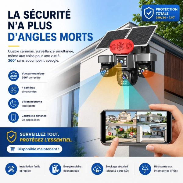 caméra de surveillance solaire 4g 4 lens 4 objectifs 16mp 8k ultra hd zoom x10 v380 pro, détection ai, détection ir, vision nocturne couleur