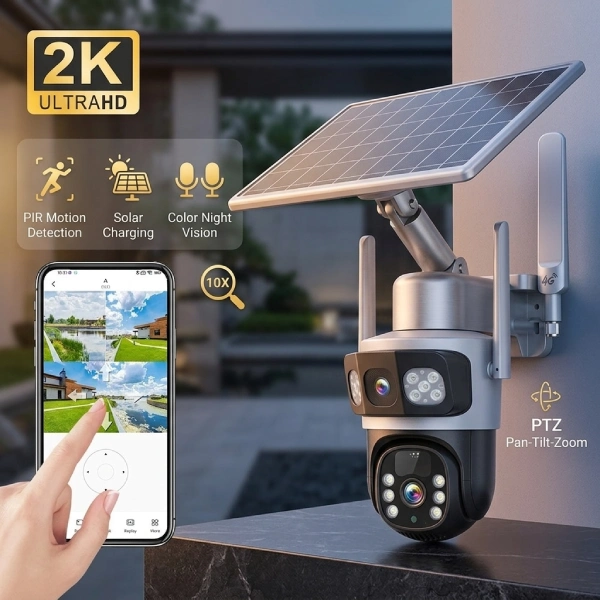 caméra de surveillance intelligente solaire 4g double objectif ptz 8mp 2k v380 pro blanc