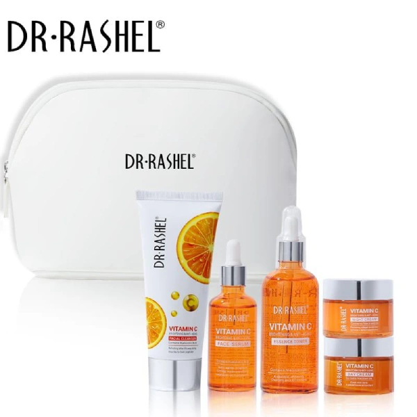 Coffret Soins Anti-Âge Vitamine C Dr. Rashel – 5 Pièces + Pochette coffret soins visage anti-âge vitamine c dr rashel 5 pièces, vitamin c brightening & anti-aging skincare set dr rashel