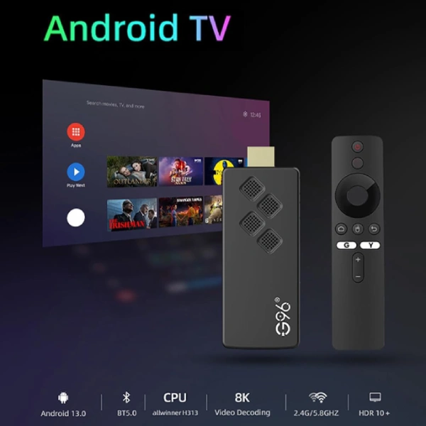 g96 smart tv stick android 13 4k avec télécommande vocale, Chromecast, WiFi, HDMI, H.264, HEVC H.265, Bluetooth, Netflix, Youtube, Prime Vidéo