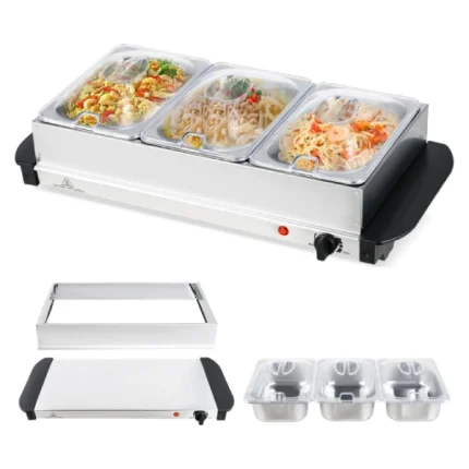 plateau chauffant chauffe-plats électrique buffet 2en1 giantex avec 3 bacs en acier inoxydable