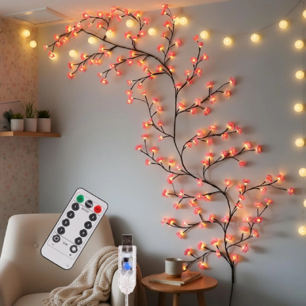 guirlande fleurs de cerisier lumineux 48 led usb 1.6m avec télécommande