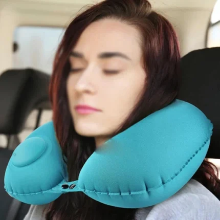 oreiller de voyage auto-gonflable en forme u turquoise