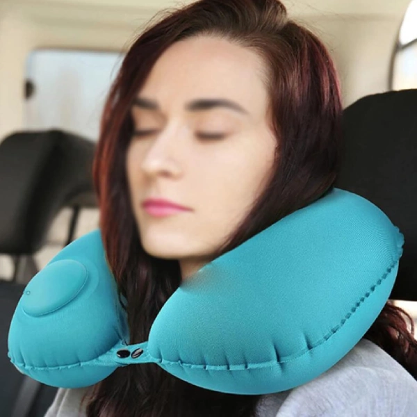 oreiller de voyage auto-gonflable en forme u turquoise