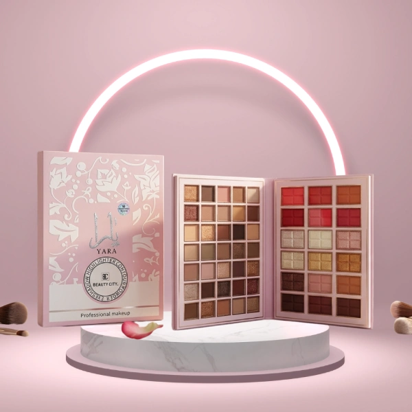 palette de maquillage 3-en-1 yara beauty city, fards à paupières, contouring, highlighter