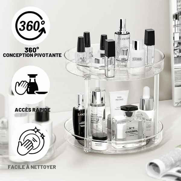 plateau tournant organisateur multi-usages maquillage épices rotatif 360° transparent 2 étages
