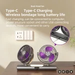 ventilateur multifonctionnel silencieux à double tête 360° avec lumière veilleuse rechargeable usb-c