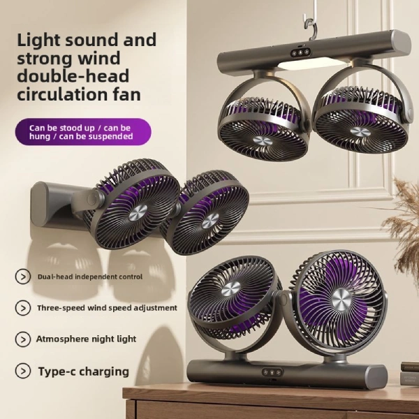 ventilateur multifonctionnel silencieux à double tête 360° avec lumière veilleuse rechargeable usb-c