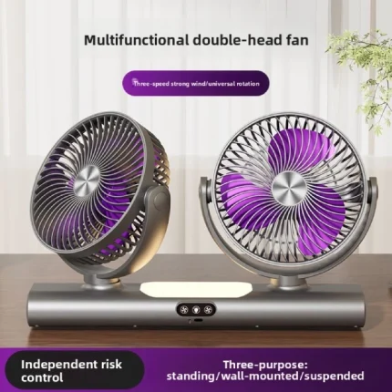 ventilateur multifonctionnel silencieux à double tête 360° avec lumière veilleuse rechargeable usb-c