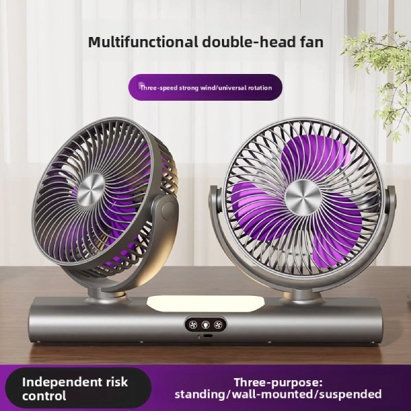 ventilateur multifonctionnel silencieux à double tête 360° avec lumière veilleuse rechargeable usb-c