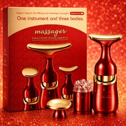 appareil de massage facial vibrant 3en1 à microcourant rouge pour lifting visage et thermothérapie