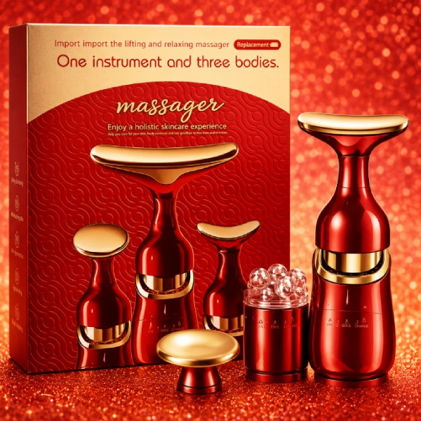appareil de massage facial vibrant 3en1 à microcourant rouge pour lifting visage et thermothérapie