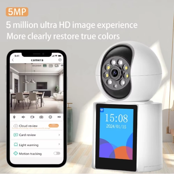 caméra de surveillance intérieure intelligente ip wifi vidéo 5mp hd avec écran ips 2.8" icsee
