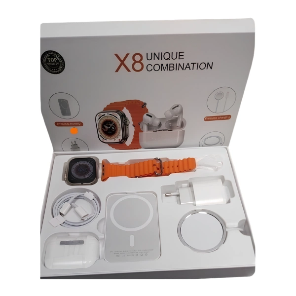 coffret cadeau high-tech 8en1 x8 smartwatch ultra, écouteurs bluetooth, chargeur rapide, chargeur sans fil magnétique