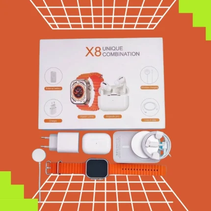 coffret cadeau high-tech 8en1 x8 smartwatch ultra, écouteurs bluetooth, chargeur rapide, chargeur sans fil magnétique