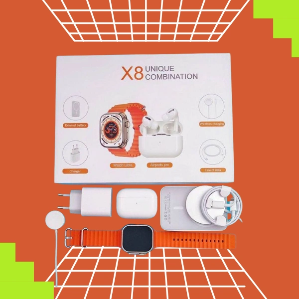 coffret cadeau high-tech 8en1 x8 smartwatch ultra, écouteurs bluetooth, chargeur rapide, chargeur sans fil magnétique