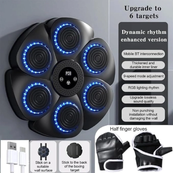 machine de boxe musicale murale interactive intelligente bluetooth à 6 cibles avec gants