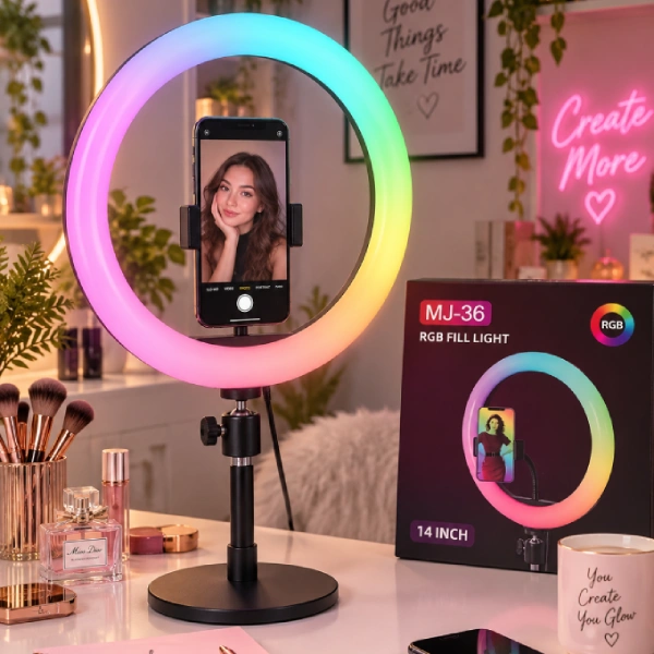 anneau lumineux led rgb ring light mj-36 14 pouces 36cm avec support téléphone pour selfie streaming vlogging