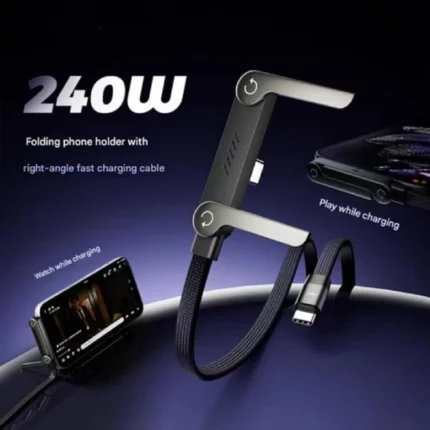 câble de données type usb-c vers usb-c charge ultra rapide 240w avec support téléphone pliable noir