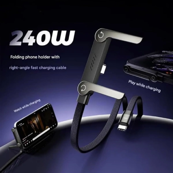 câble de données type usb-c vers usb-c charge ultra rapide 240w avec support téléphone pliable noir