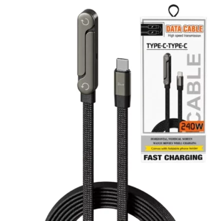 câble de données type usb-c vers usb-c charge ultra rapide 240w avec support téléphone pliable noir