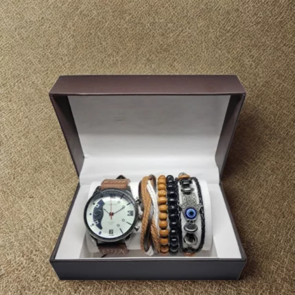 coffret cadeau homme élégance montre quartz 4 bracelets marron