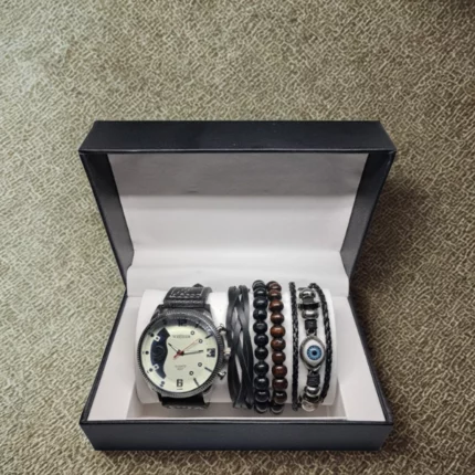 coffret cadeau homme élégance montre quartz 4 bracelets noir