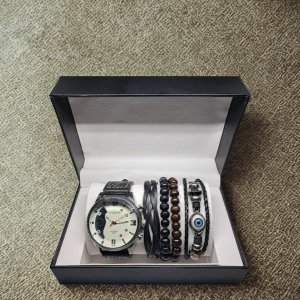 coffret cadeau homme élégance montre quartz 4 bracelets noir