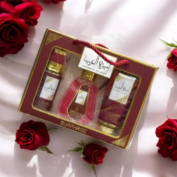 coffret cadeau femme eau de parfum, brume, lotion corps ameerat al arab burphrise