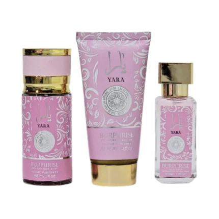 coffret parfum pour femme burphrise yara, eau de parfum, brume, lotion corps