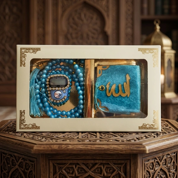 coffret cadeau islamique 3en1 turquoise قرآن صغير سبحة يدوية سبحة الكترونية