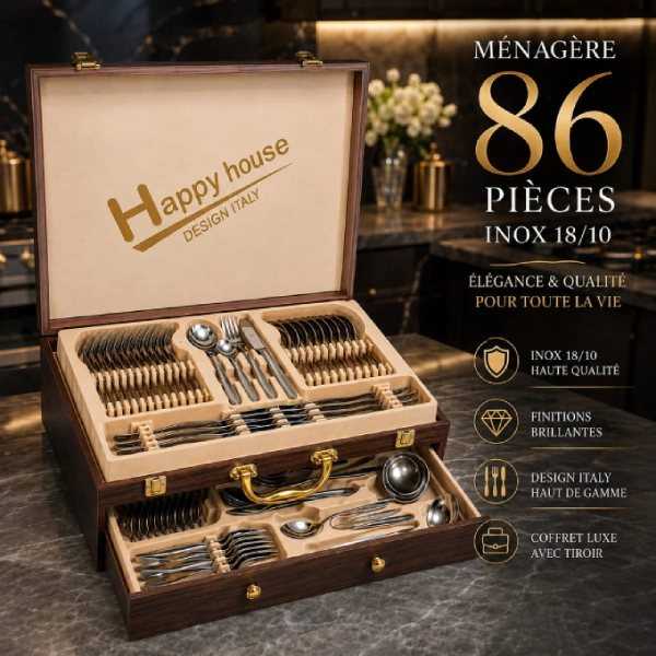 coffret ménagère de cuisine couverts 86 pièces en acier inoxydable yl301 happy house design italy
