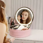 trousse organisateur de maquillage ronde rose avec miroir led 4k rechargeable