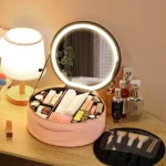 trousse organisateur de maquillage ronde rose avec miroir led 4k rechargeable
