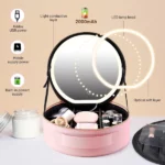 trousse organisateur de maquillage ronde rose avec miroir led 4k rechargeable