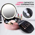 trousse organisateur de maquillage ronde rose avec miroir led 4k rechargeable