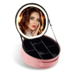 trousse organisateur de maquillage ronde rose avec miroir led 4k rechargeable